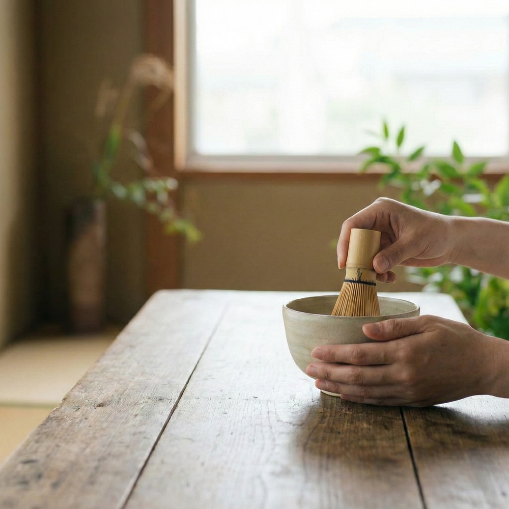 Mains expertes préparant un thé matcha traditionnel dans un bol en céramique, symbolisant le soin et l'attention apportés par le service client Aoti pour guider votre rituel.