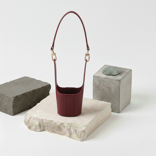 Support de tasse portable en cuir synthétique de couleur bordeaux intense, idéal pour ajouter une touche de sophistication automnale à votre rituel café.