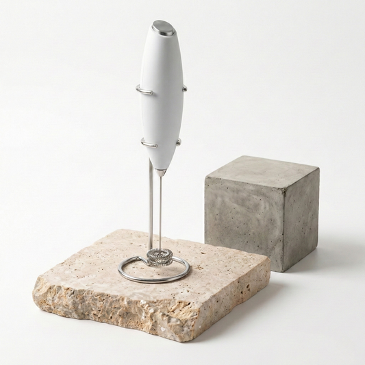 Mousseur à matcha électrique blanc posé sur son support de rangement en métal, doté d'un moteur puissant pour créer une mousse onctueuse en 15 secondes sans grumeaux.